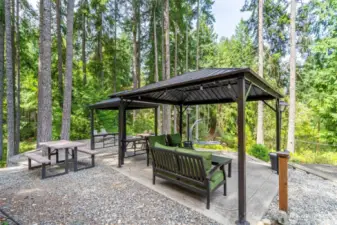 covered outdoor living area with view of Blue Lake
