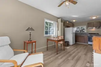 Entrance to detached ADU (480 sf). ADU has 1bed, 3/4 bath, sitting area, and kitchen.
