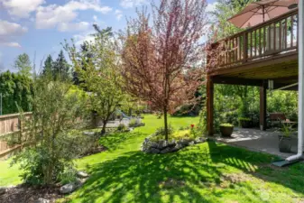 Side yard view highlighting the deck, covered patio, and play area—showcasing the full variety of outdoor living spaces.