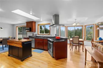 Kitchen with island and stainless appliance and a wonderful eating nook overlooking the back yard