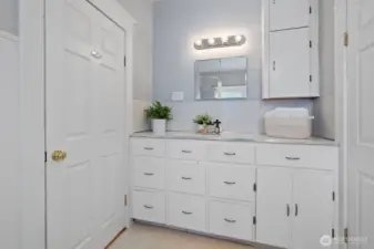 The generous main-level bath is ideally positioned between two bedrooms and offers abundant storage on one side of the bathroom. . . .