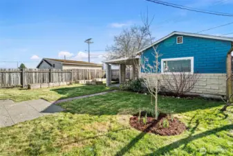 Backyard looking over to the garage with additional covered parking and gardening.