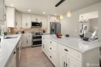 Kitchen has lots of storage space.