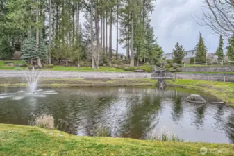 The community features a serene pond surrounded by a walking path.