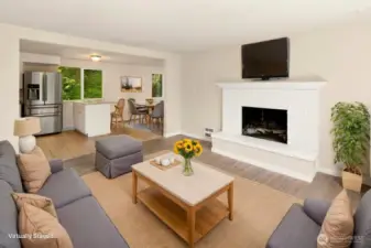 Living room into dining room and kitchen with virtual staging