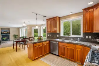 Enjoy the lovely, treed setting from the entire length of windows and doors.  Large eating nook as well as the eating bar at counter.