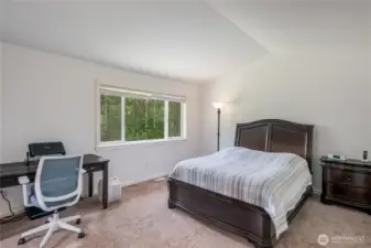 Double door entry to primary suite with vaulted ceilings, views to backyard, double closets, including walk-in,  and luxurious 5 piece bath.