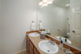Secondary bathroom.  Large Vanity and double sinks.