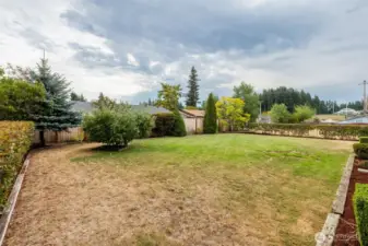 Mature landscaping in the backyard.