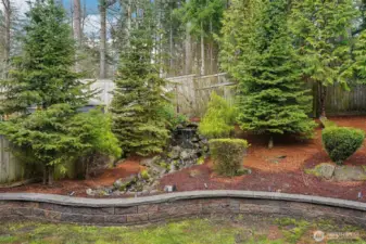 Manicured back yard with water feature and uplighting.