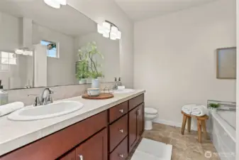 Double sink with plenty of storage space.