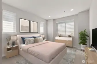 Virtual staging.  Top floor primary bedroom with large windows and a huge walk-in closet with built in closet system!