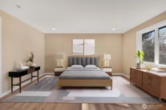 Very spacious primary bedroom with oversized window, new flooring, and brand new paint! Virtually staged