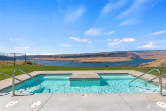 The community pool and hot tub, a true oasis with its breathtaking 180-degree views of the majestic Columbia River.