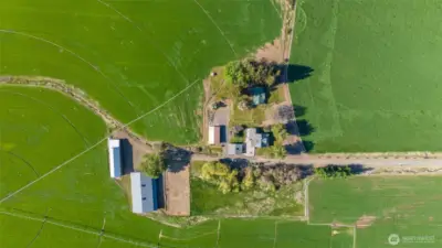 Arial shot of the homes, barn, arena, and out buildings.