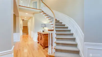 Grand two-story entry is highlighted by the curved staircase and art niche