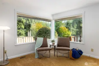 Big front windows look out onto the green and spacious yard. Blinds in the windows for privacy if you want it.