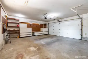 There is so much storage in the garage, you will never use it all. Workbench, cabinets, drawers, shelves. And easily room for two cars as well.