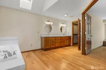 Walk-in closet, dual vanities, jetted tub, skylights