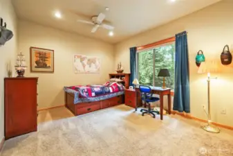 Bedroom #2 overlooking the backyard. Note the ceiling fan too.