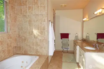 Large primary bathroom. Double sinks, jetted tub and shower just beyond the robes on the left.