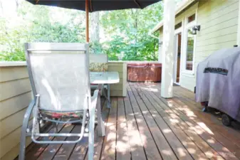 Backyard deck complete with hot tub, BBQ and table.