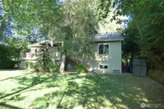 Nice big, fenced back yard with gates on each side of the house. More storage under the deck (see next pic).