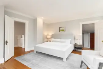 Upstairs primary bedroom with a surprisingly roomy walk-in closet.