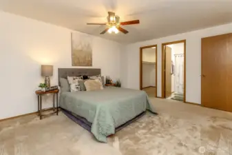 Large walk in closet to the left, full bath to the right of closet.