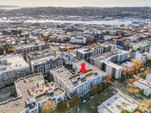 Looking southwest toward Magnolia, just beyond Salmon Bay, with the Ballard Locks at the upper right.