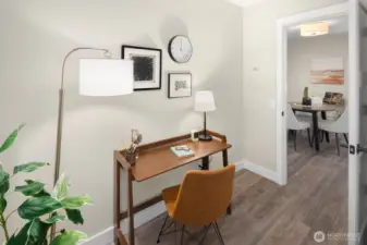 The guest bedroom includes its own custom closet system, ensuring comfort for your visiting friends and family.