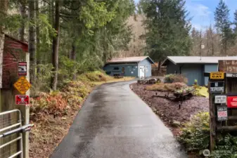 Private paved driveway welcomes you into this peaceful, tree-lined property with a secluded setting surrounded by mature evergreens
