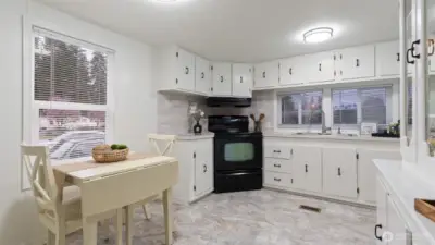 Brand new range hood , backsplash, cabinet pulls , mini blinds light fixtures and faucet