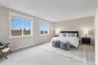 Massive Primary bedroom overlooking the back yard and views of mountains and valley