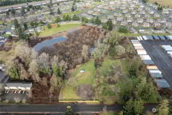 Aerial view of 1 acre engineered ready to build lot in prime location near I-5,Amazon and JBLM