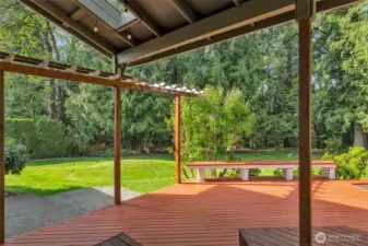 Lower-level deck with built-in bench, plenty of space and a patio on the left.
