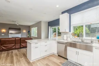 Open-concept kitchen offers clear sightlines to the living space.