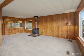 Wood stove and dining room with built in china cabinet