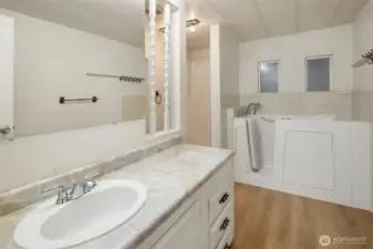 Primary bath with walk in jetted tub, shower and new LVP