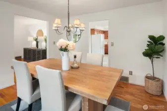 The dining room flows into the kitchen.