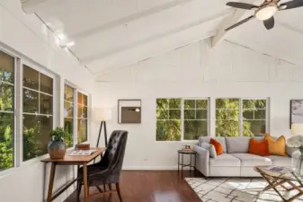 The sunroom, with a tree house feel.