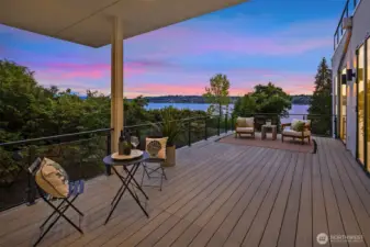 One of 4 spacious view decks designed for sunset conversations and quiet moments overlooking Lake Washington - this one just off the living/dining/kitchen area