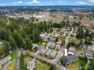 Aerial view lookimg toward downtown Bothell.  1 mile walk