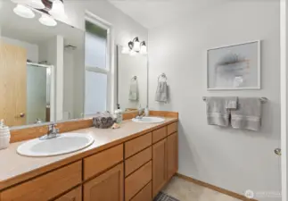 Double vanity sinks in the primary bath.