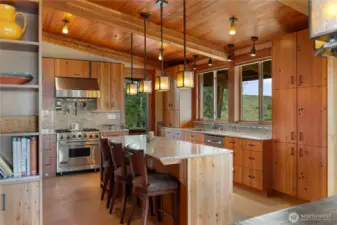 Chefs kitchen finished with granite and reclaimed Douglas-fir offers plenty of space for working socializing and storing everything you need.