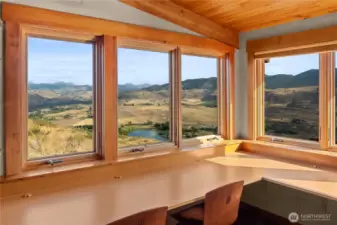 A serene and quiet work space with views up the Chewuch River valley and down to Pearrygin Lake.