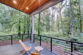 Large and private covered deck at the rear of the home - overlooking forest.