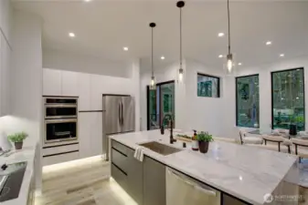 Open kitchen with massive slab Quartz island as the centerpiece.