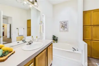 Bathroom with corner tub.