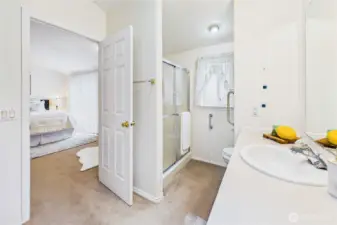 Step in shower - plenty of grab bars already installed.